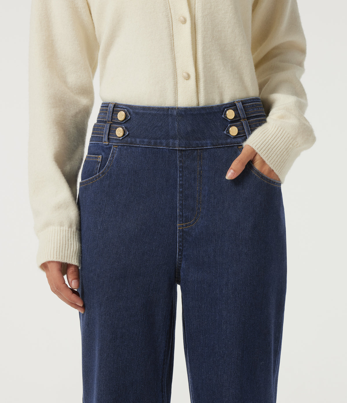 High Waisted Casual Cotton Flare Jeans with Pockets — Pageant Blue Denim — view 4