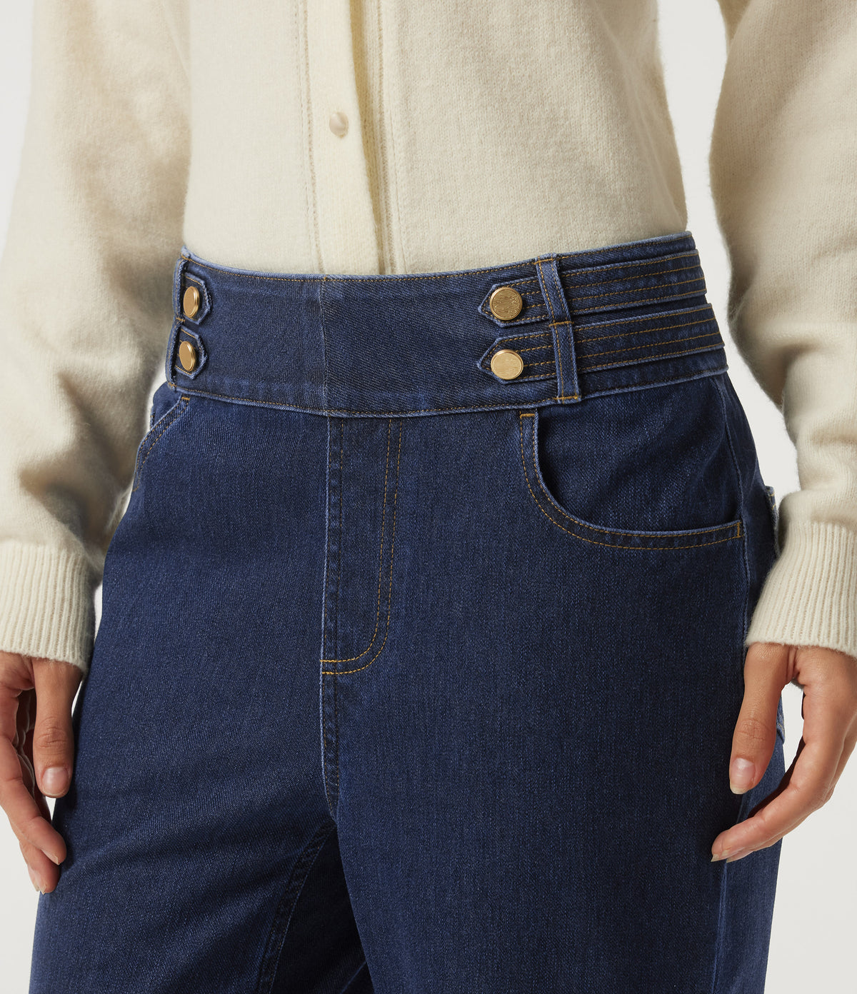 High Waisted Casual Cotton Flare Jeans with Pockets — Pageant Blue Denim — view 6