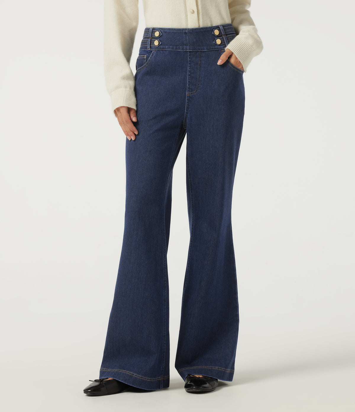 High Waisted Casual Cotton Flare Jeans with Pockets — Pageant Blue Denim — view 1