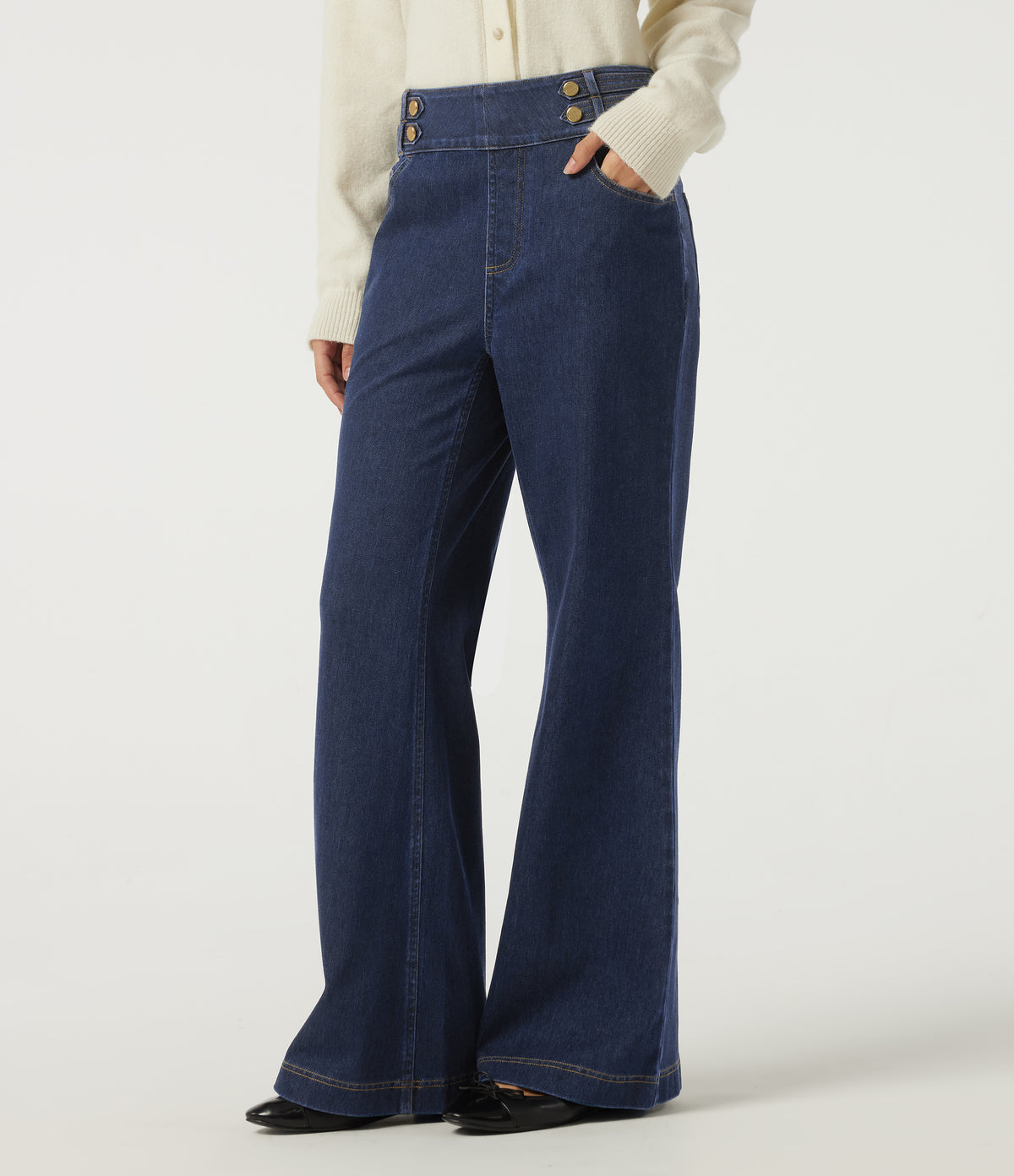 High Waisted Casual Cotton Flare Jeans with Pockets — Pageant Blue Denim — view 3