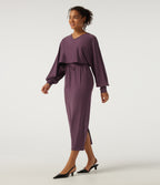 V-Neck Drawstring Batwing Long Sleeve 2-in-1 Casual Midi Dress — Plum Wine — view 3