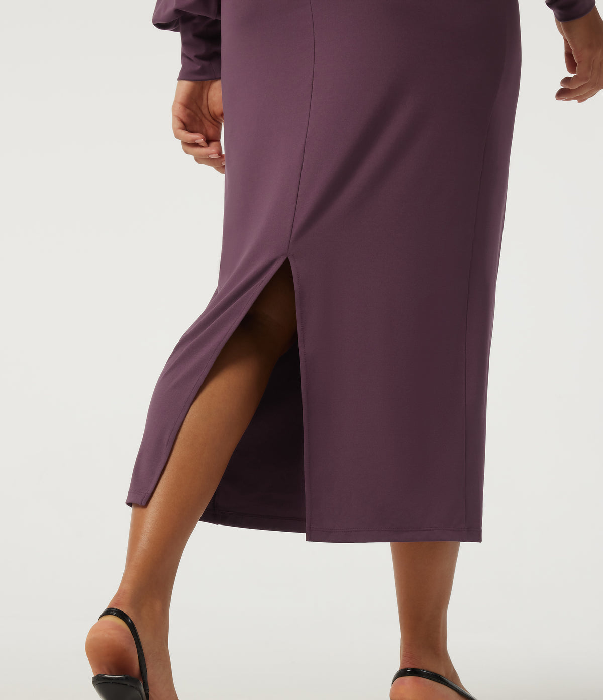V-Neck Drawstring Batwing Long Sleeve 2-in-1 Casual Midi Dress — Plum Wine — view 6
