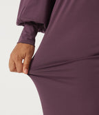 V-Neck Drawstring Batwing Long Sleeve 2-in-1 Casual Midi Dress — Plum Wine — view 7