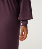 V-Neck Drawstring Batwing Long Sleeve 2-in-1 Casual Midi Dress — Plum Wine — view 5