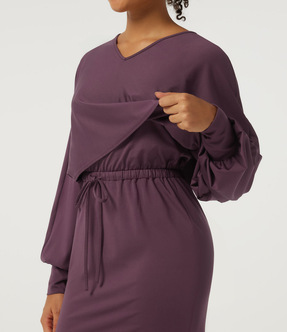 V-Neck Drawstring Batwing Long Sleeve 2-in-1 Casual Midi Dress — Plum Wine — view 4
