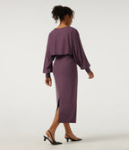 V-Neck Drawstring Batwing Long Sleeve 2-in-1 Casual Midi Dress — Plum Wine — view 2