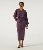 V-Neck Drawstring Batwing Long Sleeve 2-in-1 Casual Midi Dress — Plum Wine — view 1