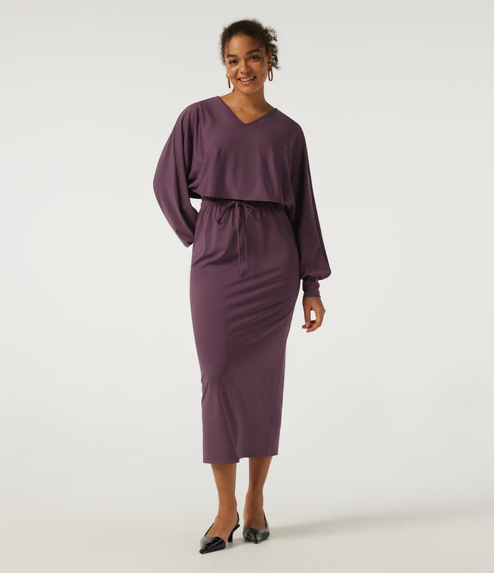 V-Neck Drawstring Batwing Long Sleeve 2-in-1 Casual Midi Dress — Plum Wine — view 1
