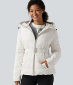 Hooded Long Sleeve Belted Work Down Jacket with Pockets — White — view 6