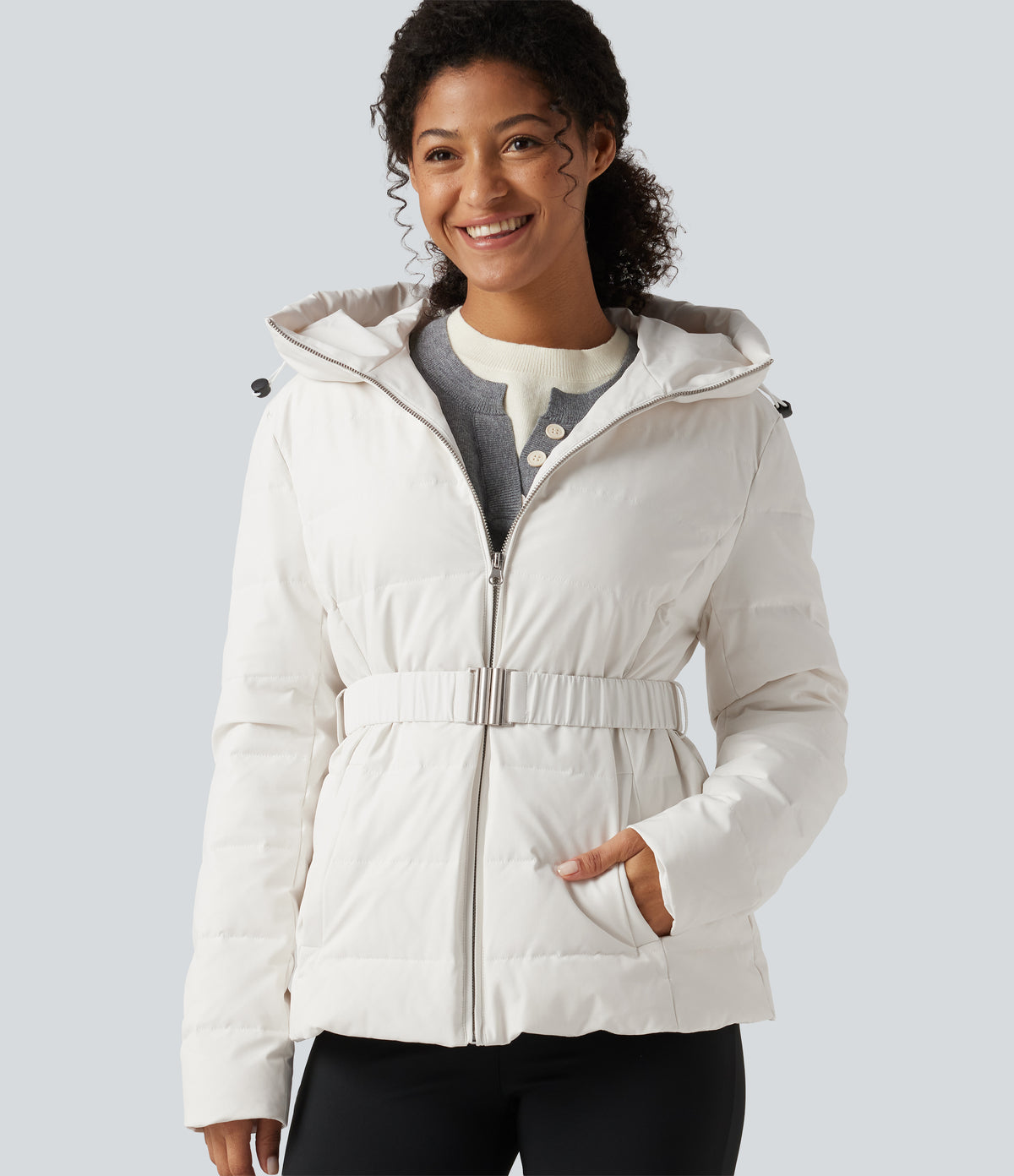Hooded Long Sleeve Belted Work Down Jacket with Pockets — White — view 6