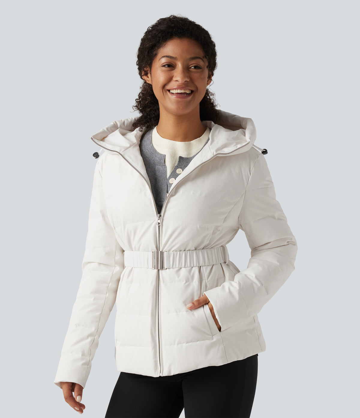 Hooded Long Sleeve Belted Work Down Jacket with Pockets — White — view 1