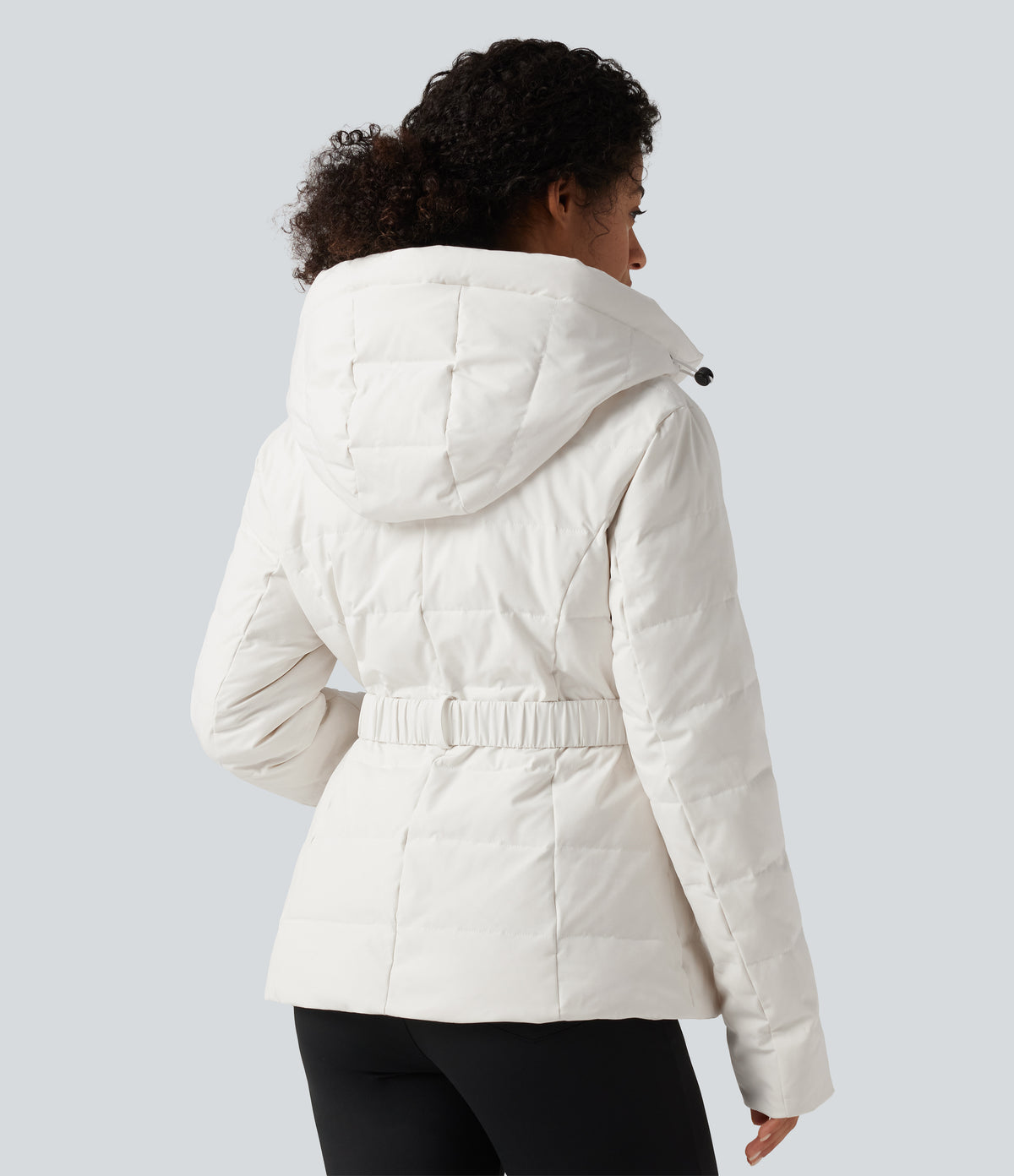 Hooded Long Sleeve Belted Work Down Jacket with Pockets — White — view 2