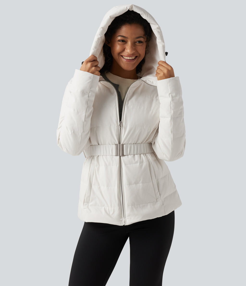Hooded Long Sleeve Belted Work Down Jacket with Pockets — White — view 5