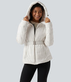 Hooded Long Sleeve Belted Work Down Jacket with Pockets — White — view 5