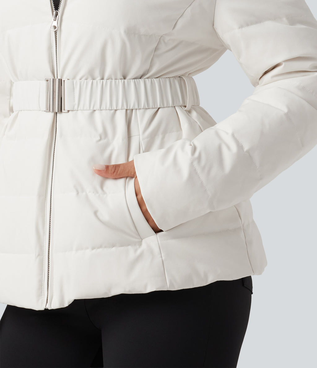 Hooded Long Sleeve Belted Work Down Jacket with Pockets — White — view 8