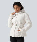 Hooded Long Sleeve Belted Work Down Jacket with Pockets — White — view 4