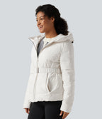 Hooded Long Sleeve Belted Work Down Jacket with Pockets — White — view 3