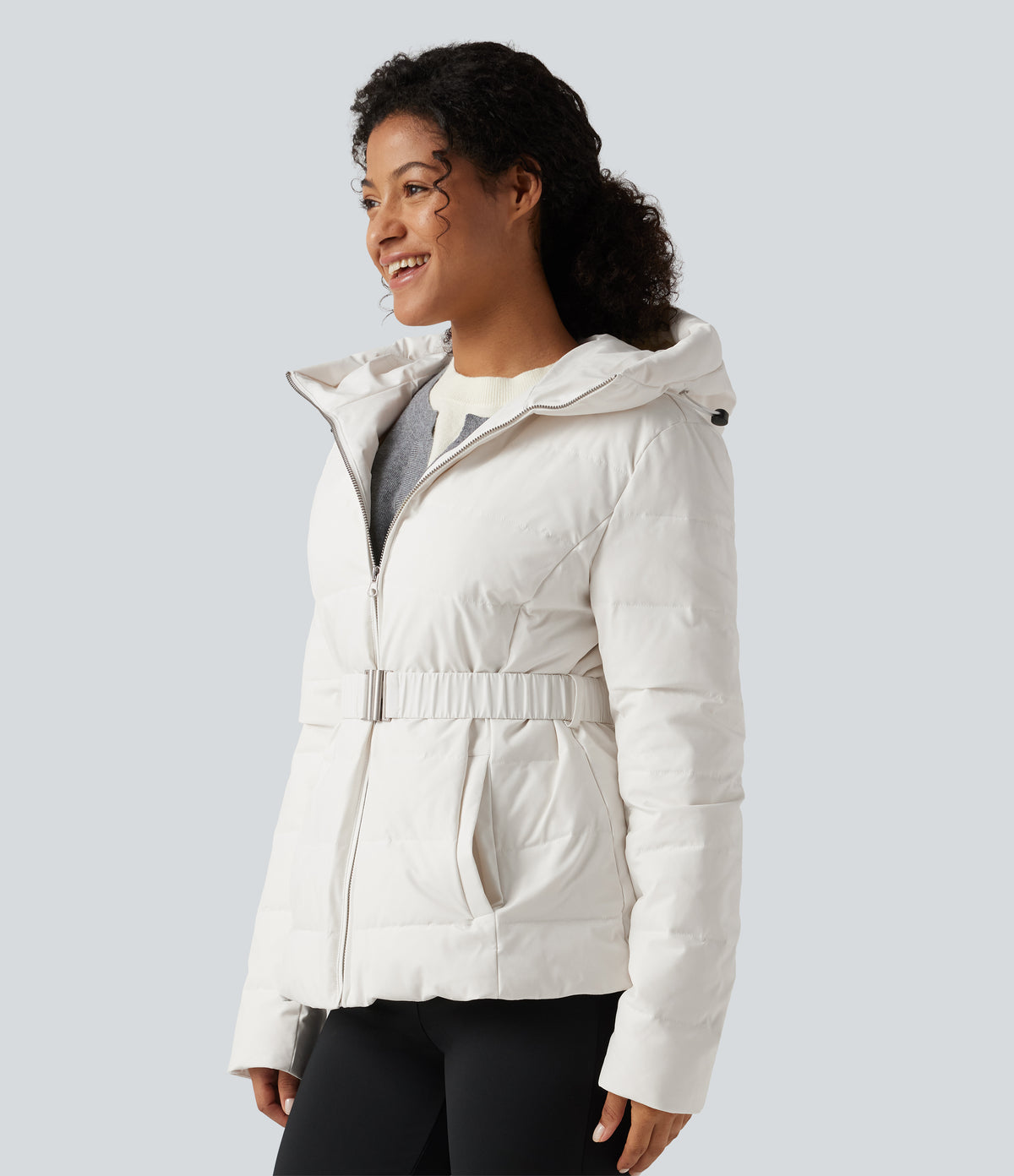 Hooded Long Sleeve Belted Work Down Jacket with Pockets — White — view 3