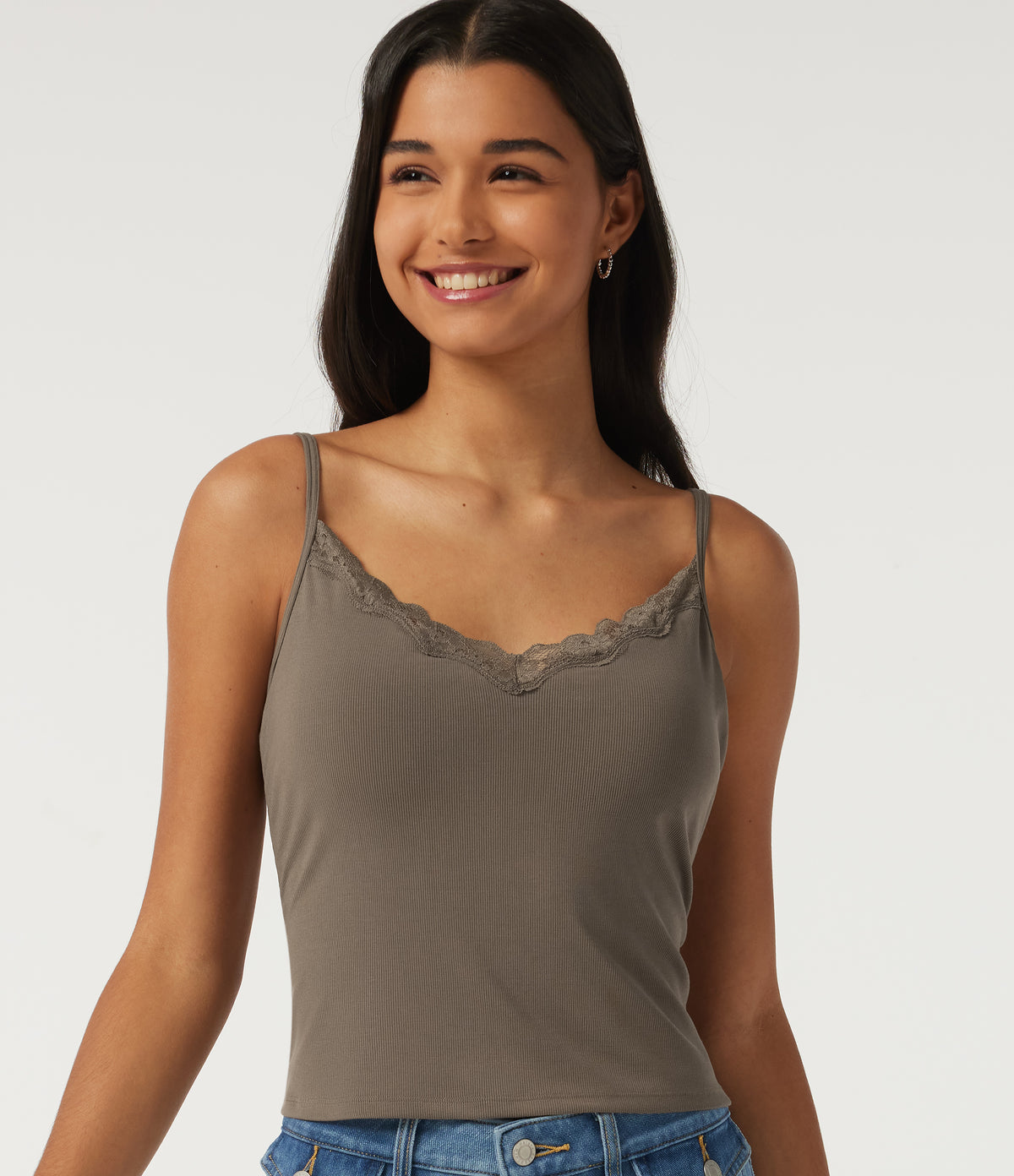 V Neck Contrast Lace Casual Tank Tops with Built-in Bra — Dawn Brown — view 5