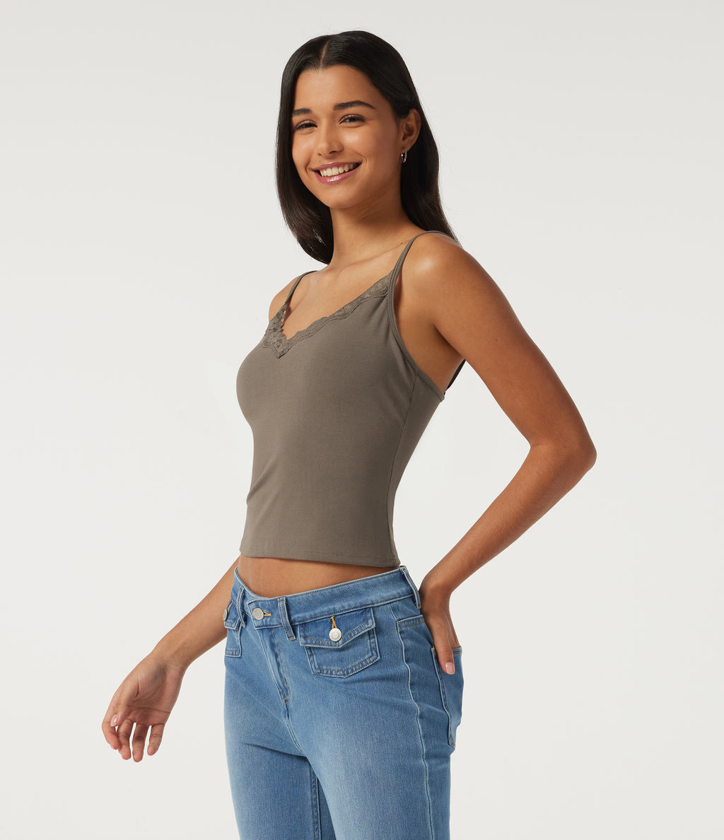 V Neck Contrast Lace Casual Tank Tops with Built-in Bra — Dawn Brown — view 3