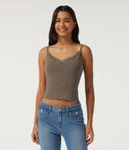V Neck Contrast Lace Casual Tank Tops with Built-in Bra — Dawn Brown — view 4