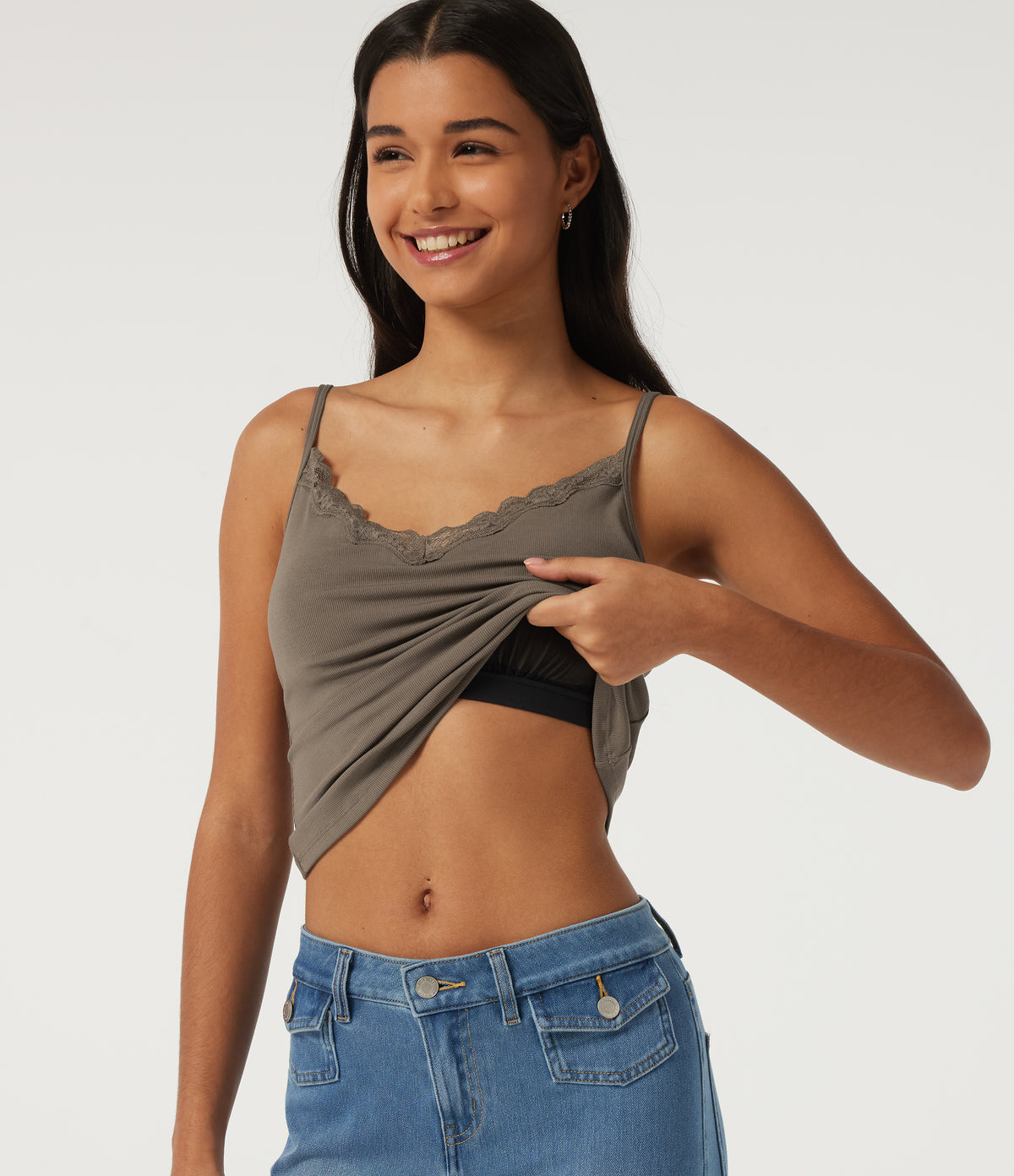 V Neck Contrast Lace Casual Tank Tops with Built-in Bra — Dawn Brown — view 1