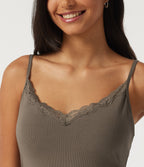 V Neck Contrast Lace Casual Tank Tops with Built-in Bra — Dawn Brown — view 6