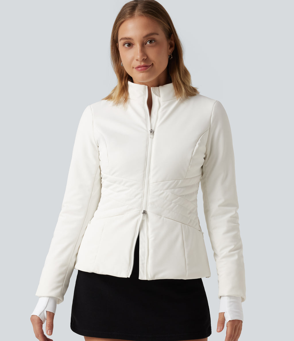 PuffFlex Long Sleeve Double Zipper Casual Padded Jacket with Pockets — White — view 4