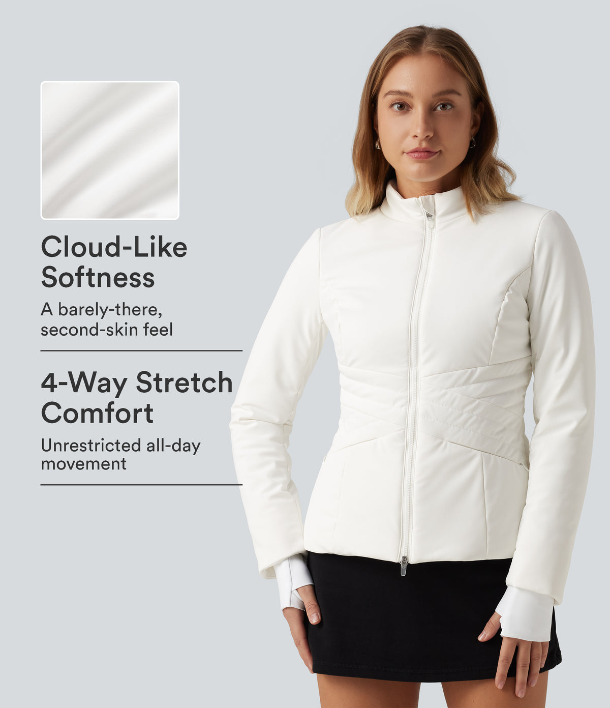 PuffFlex Long Sleeve Double Zipper Casual Padded Jacket with Pockets — White — view 1