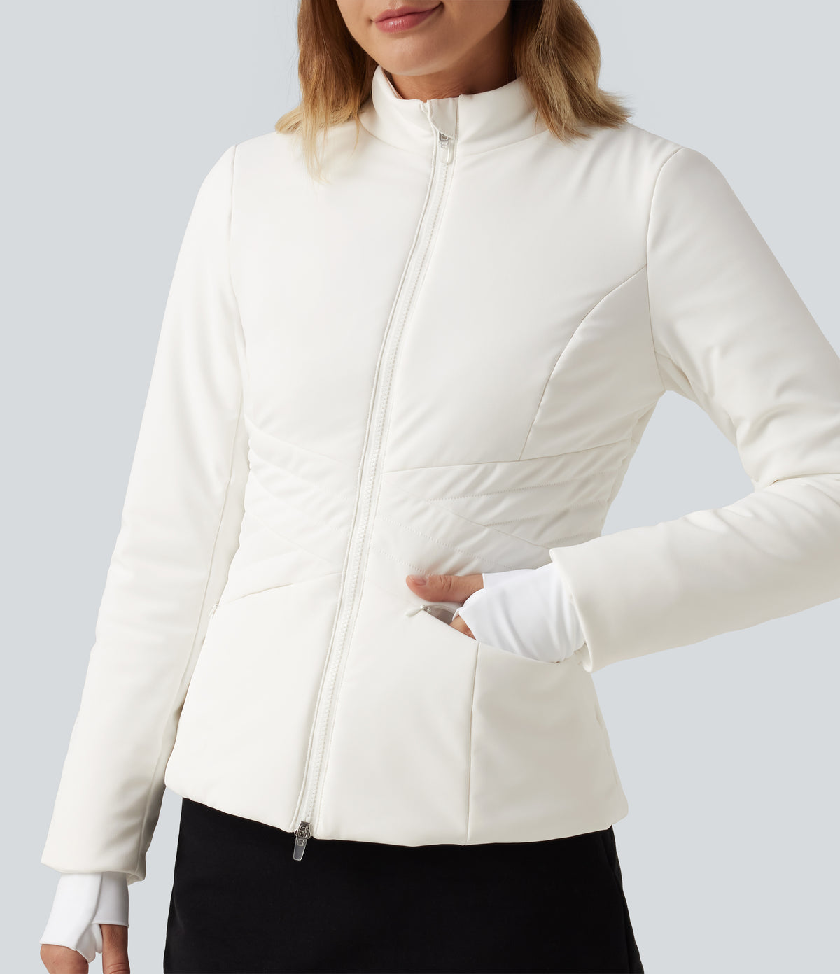 PuffFlex Long Sleeve Double Zipper Casual Padded Jacket with Pockets — White — view 5