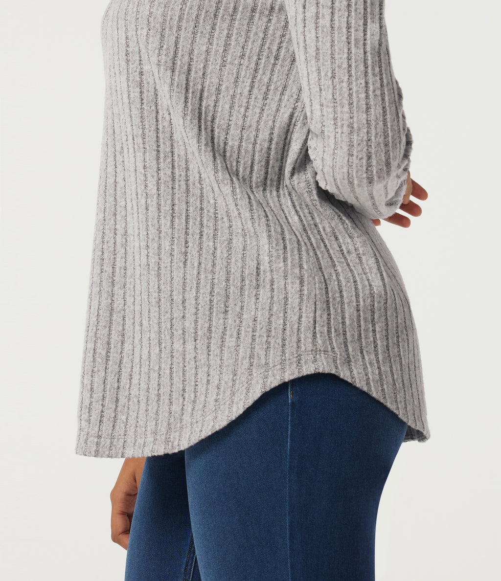 Ribbed Knit Long Sleeve Curved Hem Work Blouse — Light Gray Floral Yarn — view 6