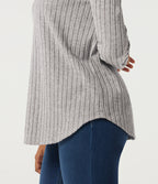 Ribbed Knit Long Sleeve Curved Hem Work Blouse — Light Gray Floral Yarn — view 6
