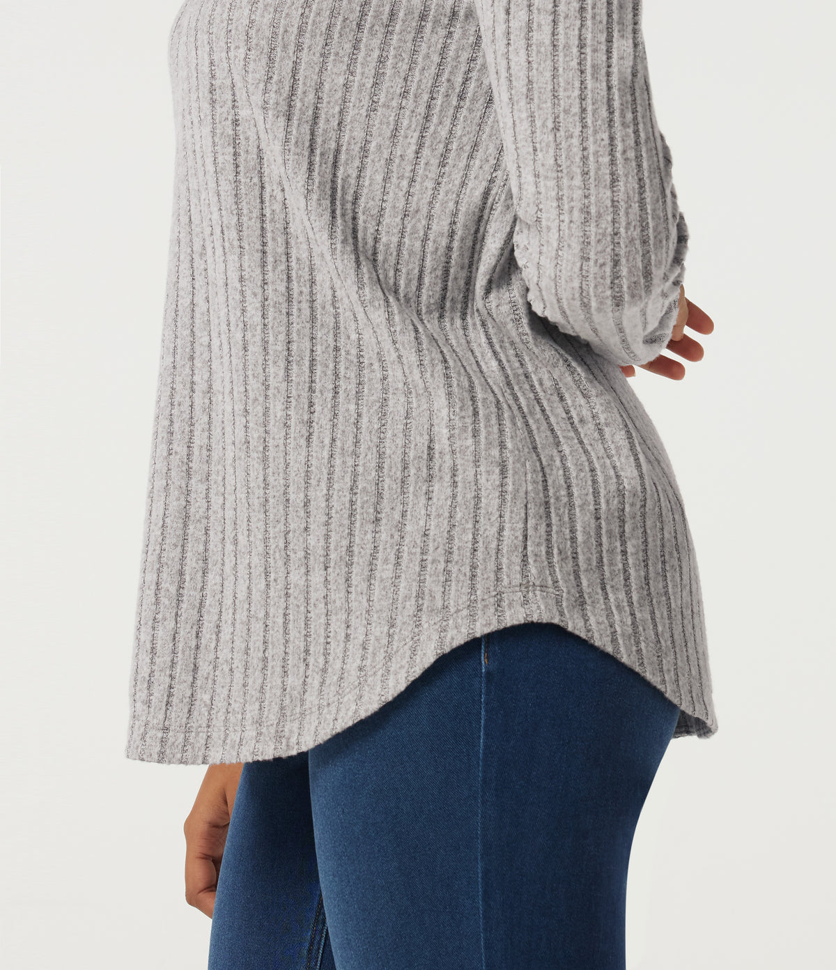 Ribbed Knit Long Sleeve Curved Hem Work Blouse — Light Gray Floral Yarn — view 6