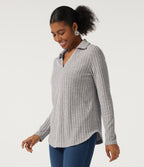 Ribbed Knit Long Sleeve Curved Hem Work Blouse — Light Gray Floral Yarn — view 3