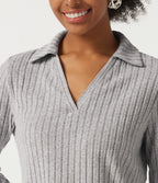 Ribbed Knit Long Sleeve Curved Hem Work Blouse — Light Gray Floral Yarn — view 5