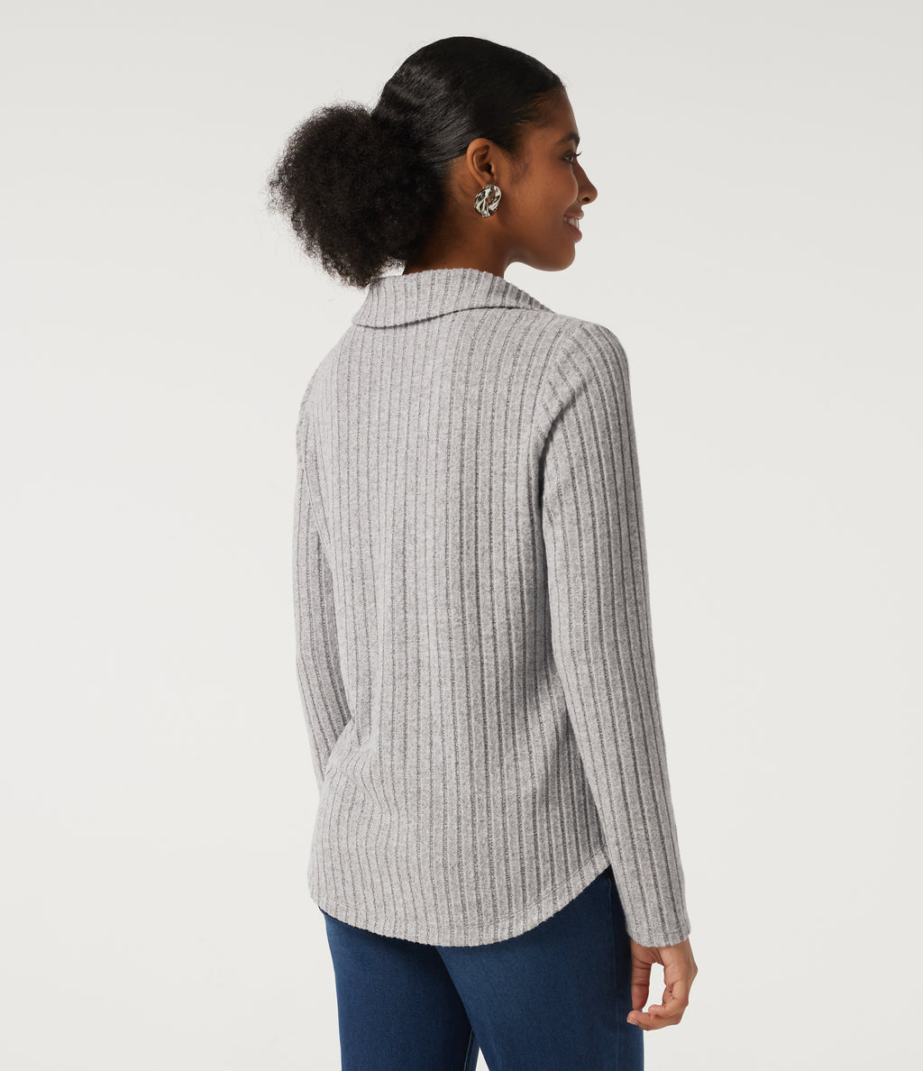 Ribbed Knit Long Sleeve Curved Hem Work Blouse — Light Gray Floral Yarn — view 2
