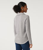 Ribbed Knit Long Sleeve Curved Hem Work Blouse — Light Gray Floral Yarn — view 2