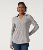 Ribbed Knit Long Sleeve Curved Hem Work Blouse — Light Gray Floral Yarn — view 4