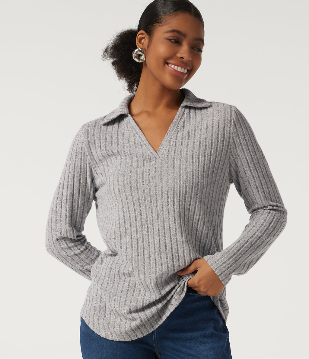 Ribbed Knit Long Sleeve Curved Hem Work Blouse — Light Gray Floral Yarn — view 1