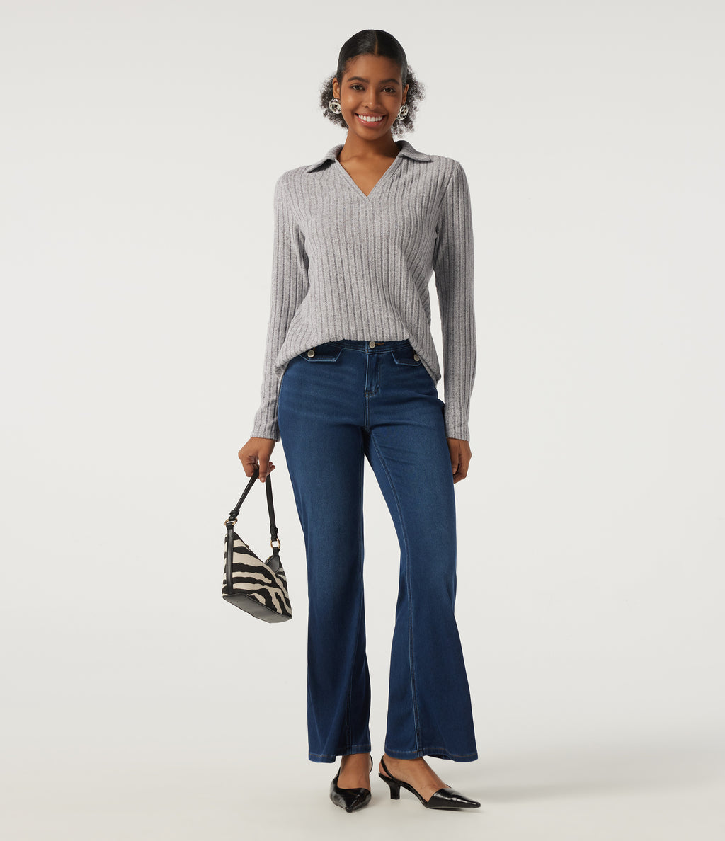 Ribbed Knit Long Sleeve Curved Hem Work Blouse — Light Gray Floral Yarn — view 7