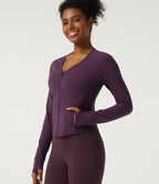 V Neck Long Sleeve Yoga Curvy Jacket with Pockets and Thumbholes — Italian Plum — view 4