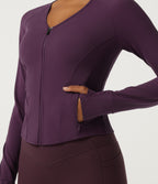 V Neck Long Sleeve Yoga Curvy Jacket with Pockets and Thumbholes — Italian Plum — view 7