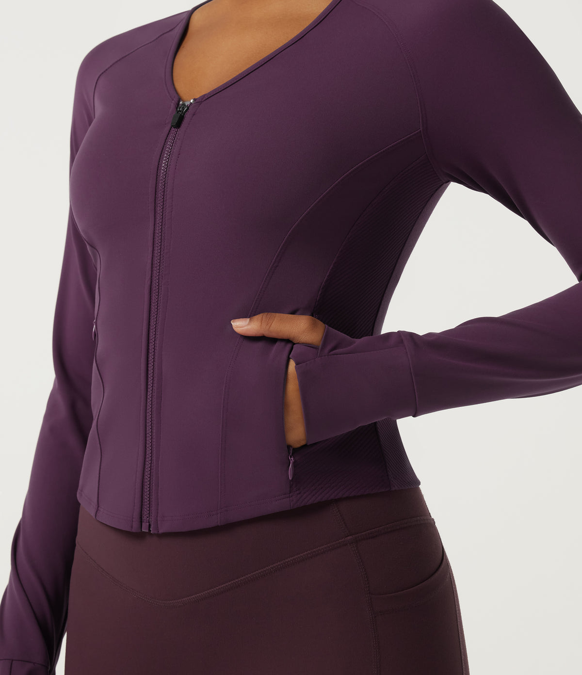 V Neck Long Sleeve Yoga Curvy Jacket with Pockets and Thumbholes — Italian Plum — view 7