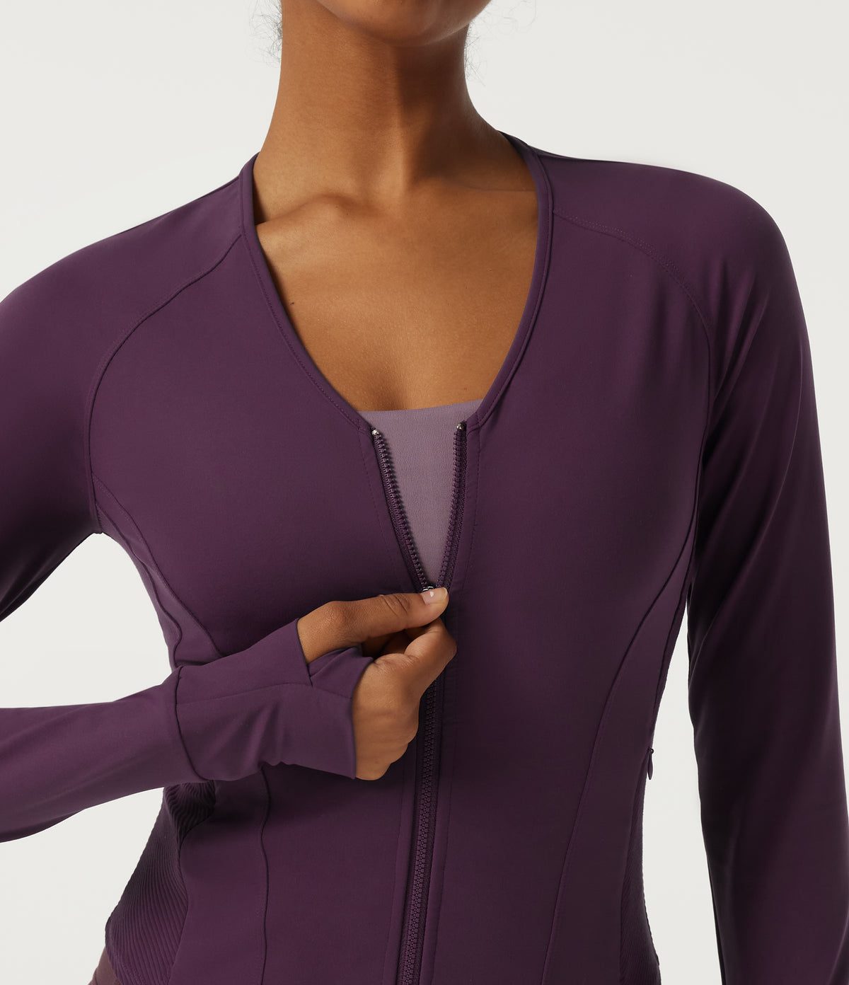 V Neck Long Sleeve Yoga Curvy Jacket with Pockets and Thumbholes — Italian Plum — view 5