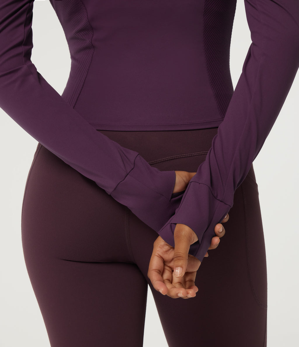 V Neck Long Sleeve Yoga Curvy Jacket with Pockets and Thumbholes — Italian Plum — view 8