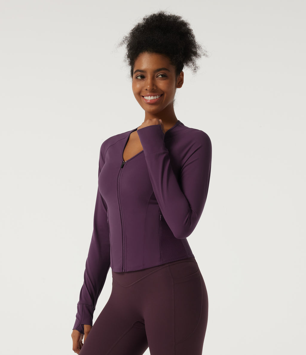 V Neck Long Sleeve Yoga Curvy Jacket with Pockets and Thumbholes — Italian Plum — view 3