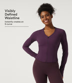 V Neck Long Sleeve Yoga Curvy Jacket with Pockets and Thumbholes — Italian Plum — view 1