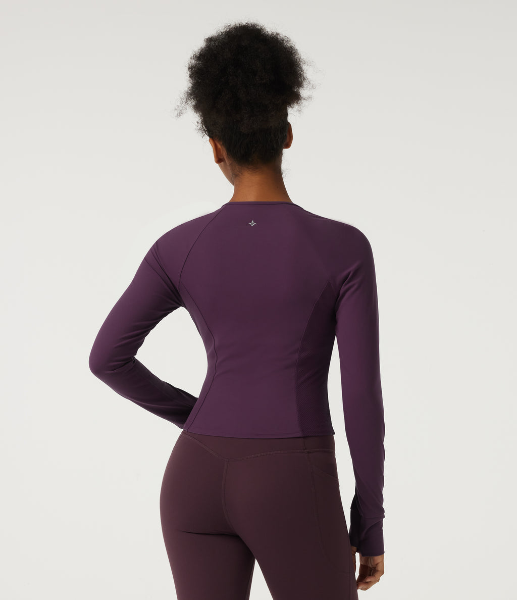 V Neck Long Sleeve Yoga Curvy Jacket with Pockets and Thumbholes — Italian Plum — view 2