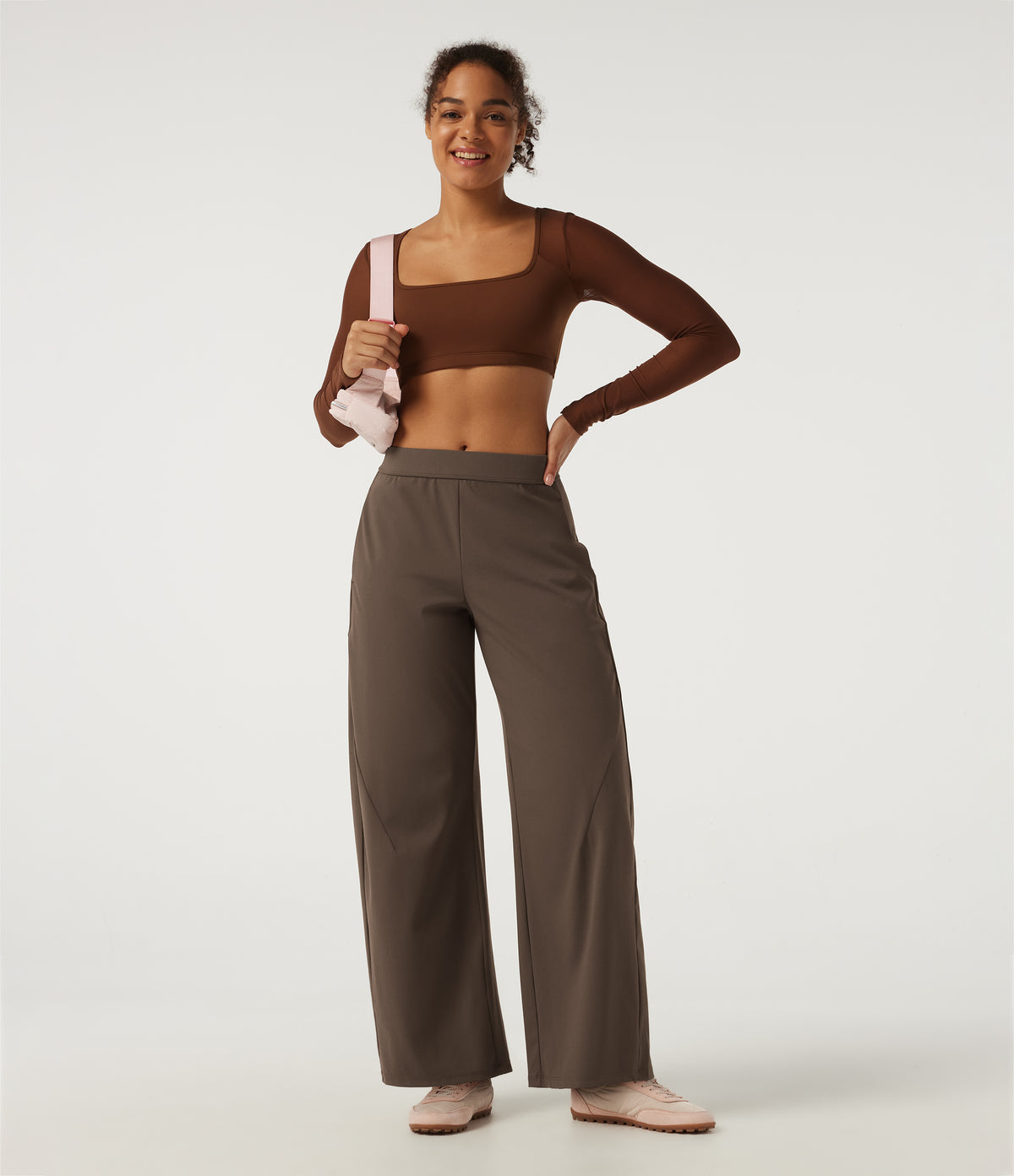 Mid Rise Barrel Leg Yoga Trousers with Pockets — Chocolate Martini — view 7