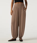 Ribbed Mid Rise Ruched Casual Trousers with Pockets — Beaver Fur — view 1